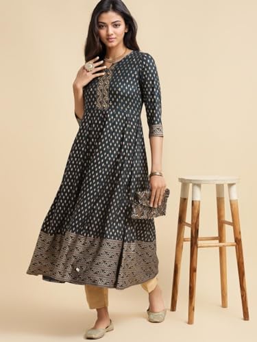 Image of rangita Teal Rayon Calf Length Embroidered Anarkali Kurti for Women | Kurta for Women
