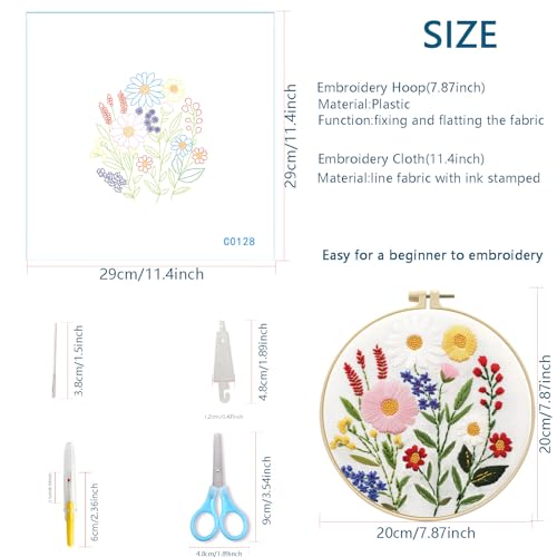 Image of Zhenqing 4-Piece Floral Embroidery Kit for Beginners - Complete Set with Sunflower, Daisy Designs & Pre-Printed 29x29cm Cotton Fabric, Hoop, Threads & Tools(C0166)