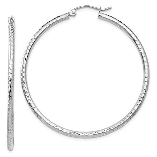 14k White Gold Diamond-Cut Hoop Earrings, (2mm Tube)