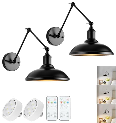 Image of Black Wireless Battery Operated Wall sconces 9.5 inch, Wall sconces Set of Two Battery Powered Wall Sconce with Remote Control, Adjustable Black Wall Sconce for Bedroom Hallway Living Room