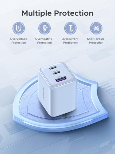 Image of UGREEN 3-Port 30W USB C Charger Block, GaN II Type C Fast Charging, Blue | 2 USB-C & 1 USB-A, Compact Size, Multiple Protection, for iPhone 17 /16 /15, Galaxy S26 /S25, iPad, MacBook Neo /Air