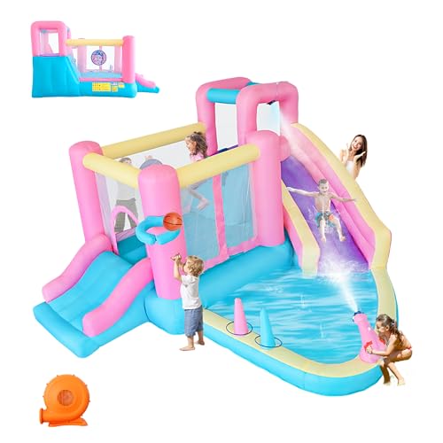 YayEasyair Inflatable Water Park for Kids, 9 in 1 Blow Up Water Slides, Bounce House, Jumping, Splash Pool, Climbing Wall, Basketball Rim, Water Cannon, Target Ball, Ring Toss, Blower Included