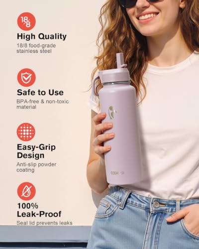 Image of Coolflask 40 oz Water Bottle Insulated with Straw & 3 Leakproof Lids