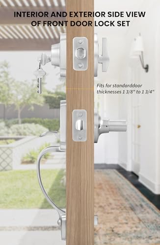 Image of Goldenwarm Double Front Door Lock Set, Brushed Nickel Double Door Handle with Dummy, Double Front Door Hardware Set with Reversible Wave Handle Lever, Double Entry Door Lock Set