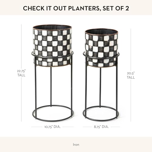Image of MACKENZIE-CHILDS Set of 2 Check It Out Metal Planters, Black-and-White Garden Planter