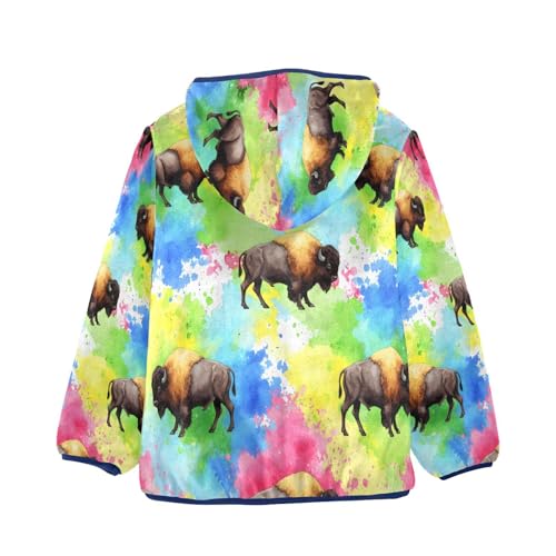Colorful Bison Abstract Toddler Fleece Jacket Girl Boys Hooded Fleece Jacket Coat Warm Outwear Zip-up 3-10T2