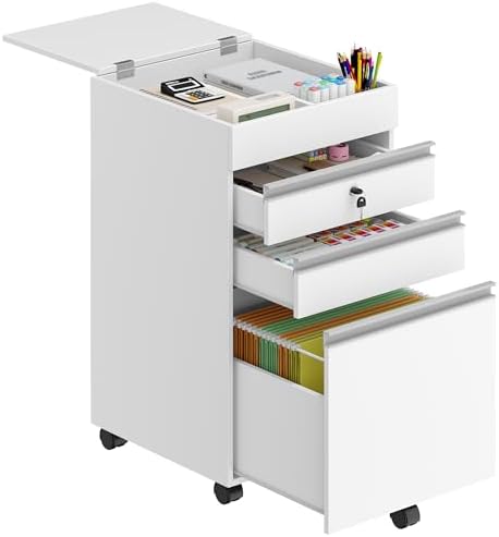 Hzuaneri 3-Drawer Filing Cabinet, Mobile File Cabinet with Lock, Office Storage, Fits A4, Legal, Letter, for Home, Office and School, 40 x 40 x 65 cm, White, FC41003X