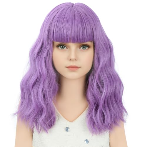 Image of Lavender Purple Wig Short Purple Wavy Curly Wigs Wig with Air Bangs Synthetic Cosplay Hair Wigs