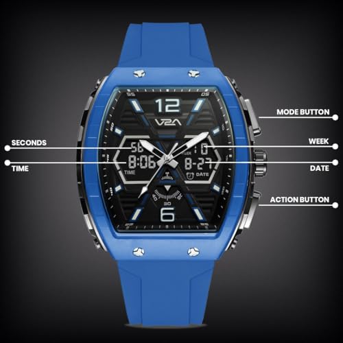 Image of V2A Impact 50mm Analog Digital Watch for Men | X-Frame Hybrid Dial Design | Alarm Stopwatch Day Date 12 /24 Hr | TPU Sport Strap | 50M Water Resistant | Gift for Mens