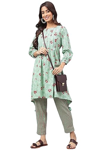 Image of Janasya Women's Green Cotton Floral Printed Kurta with Pant