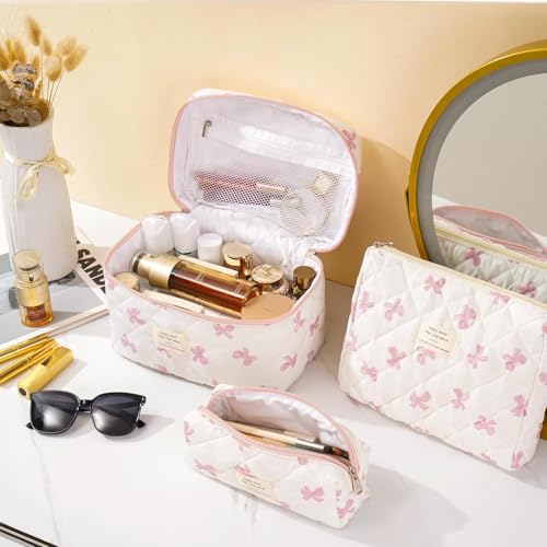 Image of Lyrovo Makeup Organizer Cosmetic Bag Quilted Large Floral Make Up Organize Set for Women Flower Travel Toiletry Bag (TIE-Pink)