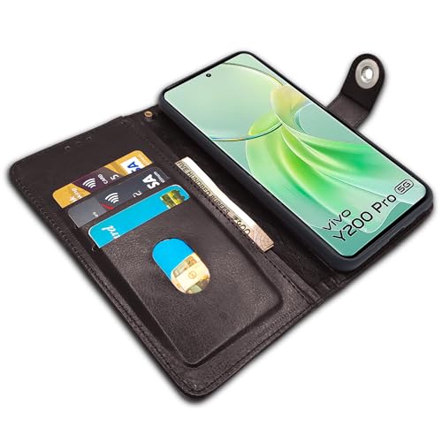 Image of Pikkme Vivo Y200 Pro 5G Flip Cover Leather Finish | Inside TPU with Card Pockets | Wallet Stand and Shock Proof | Complete Protection Button Flip Case (Coffee)
