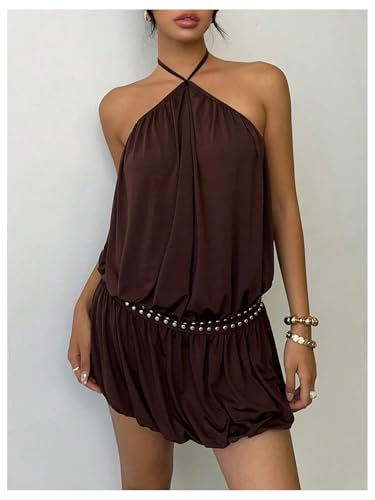 Floerns Women's Y2k Sleeveless Halter Dress Beaded Tie Neck Backless Bubble Mini Dress2