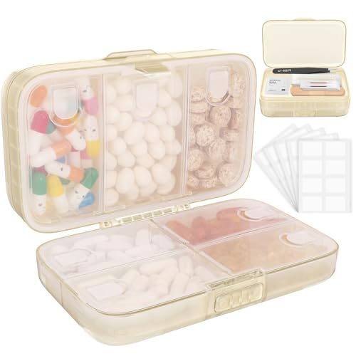 Image of FYY Weekly Pill Organizer with Labels,8 Compartments Travel Daily Pill Case Airtight Moistureproof Large Pill Box to Hold Vitamins, Fish Oil, Supplements,Cotton Swab and Bandages-Beige