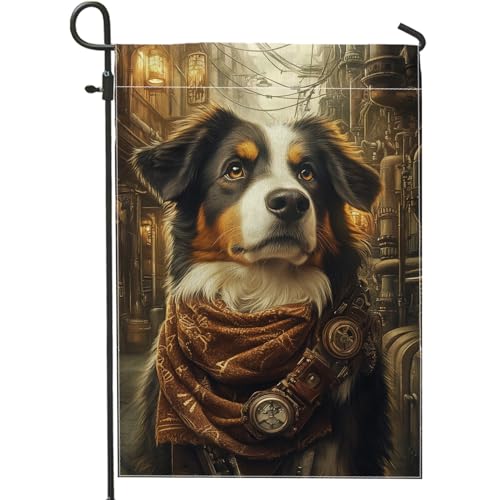 Autumn Rustic Dog Garden Flag, Brown Australian Shepherd Animal Decor Yard Banner, Double Sided Burlap Outdoor Lawn Decoration, Fall Home and Garden Decoration 12x18 Inch