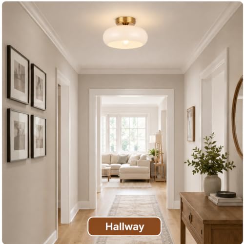 Image of Small Semi Flush Mount Ceiling Light Fixture, 11'' Vintage Mid-Century Gold with White Milk Glass Shade, Modern Farmhouse Lighting for Kitchen, Hallway, Bedroom, Foyer, Schoolhouse