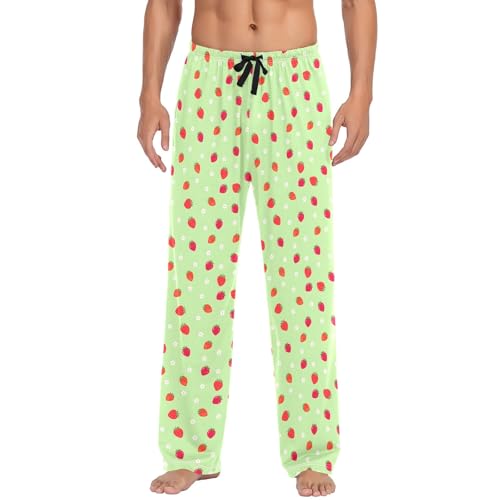 Mens Cotton Pajama Pants Sleep Lounge Pj Bottoms Sleepwear with Pockets Drawstring S Red Strawberry Flower2
