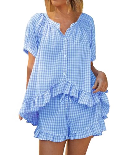 Image of codcm Womens 2 Piece Ruffle Pajama Set Gingham Pjs Short Sleeve Babydoll Shirt and Shorts Plaid Summer Outfits