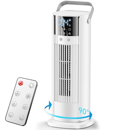Ventiladores de Torre, Ventilador de Pie Silencioso, Aire Acondicionado Portatil, Rotación de 90° Timer 2-10 H Pantalla LED Velocidad de 7 m/s Mando a Distancia Incluido Blanco