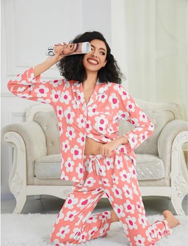 Image of SWOMOG Womens Pajamas Set Long Sleeve Sleepwear Button Down Nightwear Soft Cotton Pj Lounge Sets