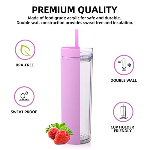 Volhoply 20oz Plastic Skinny Tumblers Bulk 4 Pack,Double Wall Tumbler with Lid and Straw,BPA Free Matte Acrylic Water Cups for Parties,DIY Gift(Purple,4 Set) - Image 2