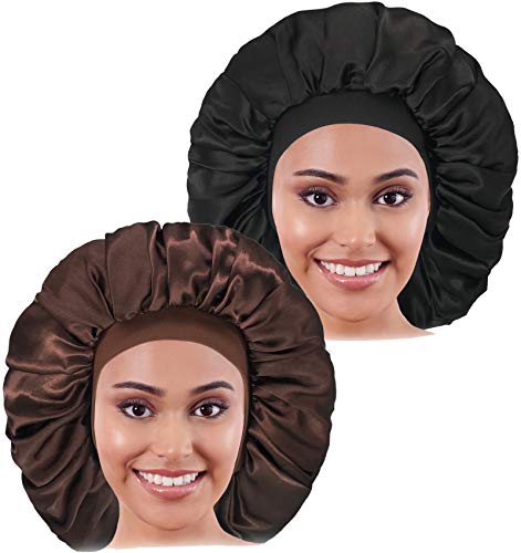 2PCS Large Satin Bonnet, Raibaubl Silk Bonnet With Elastic Soft Band, Big Bonnet For Women Hair Care, Jumbo Bonnet For Braids Natural Long Hair, Curly Hair (Black&Brown)