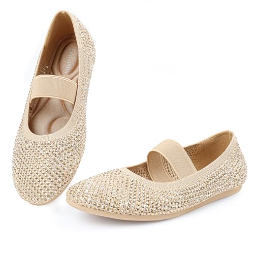 Ballet Flats Shoes for Women with Rhinestone Knit Flat Shoes Sparkly Embellished Memory Foam Elastic Strap Comfortable Wedding Dressy (Black/Nude)