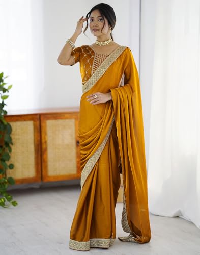 Image of SIRIL Women's Chiffon Sequence Embroidery Lace Saree with Unstitched Blouse Piece