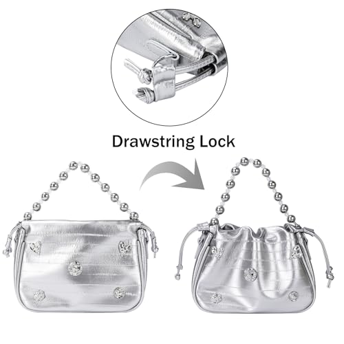 Image of Womens Y2k Sparkly Silver Handbag with Bead Chain, Metallic Clutch Satchel Leather Shoulder Bag Purse for Wedding Party Prom