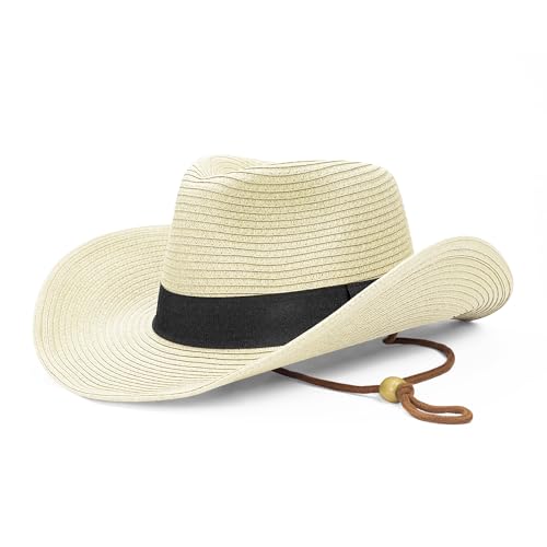 Image of Straw Cowboy Hat for Men Women Western Cowgirl Hats with Shapeable Wide Brim for Beach Sun Summer