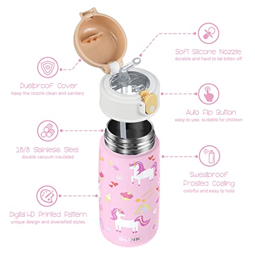 Glink Kids Insulated Water Bottle With Straw For School, Cute Stainless Steel With Auto Flip Lid Water Bottle For Kids, Children, Boys, Girls (14Oz, Unicorn-Pink) #TOP1
