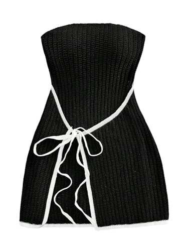 Image of MakeMeChic Women's Knitted Strapless Sweater Dress | Wrap Tie Front, Party, Mini, Tube
