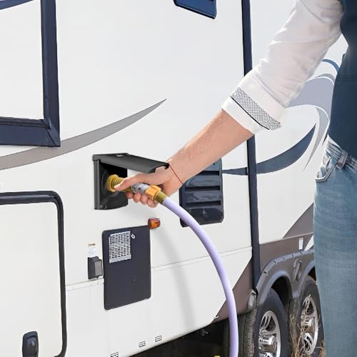 Image of RV Water Fill Inlet with Cover Gravity Water Fill Inlet, Square Magnetic Attraction and Lock Keys Double Protection City Fresh Water Connection for RV Camper Motorhome Boats (Black)