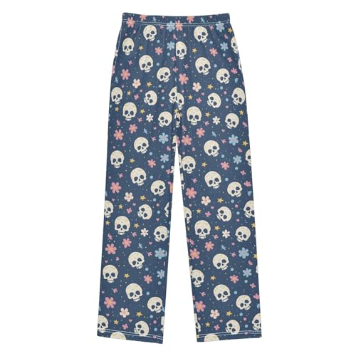 Skull with Cute Floral Pajama Pants Lounge Sleep Pants Elastic Waist Long Pajama Bottoms with Pockets for 6-14 Years