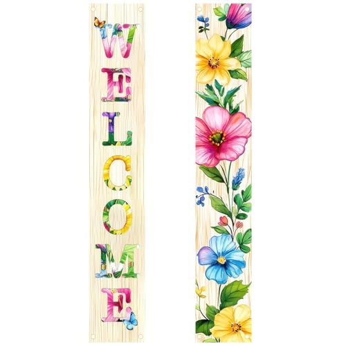 Image of Hometitute 2 Pcs Spring Summer Welcome Floral Porch Banners Butterfly Flower Hanging Flag Porch Sign for Front Door Wall Porch Banners Vintage Spring Decorations Seasonal For Yard Indoor Outdoor Decorations
