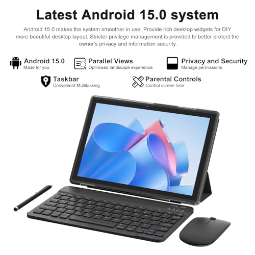 Image of Tabalet Android 15 with Keyboard, 10 Inch Tablet with Case | 8GB + 32GB + 1TB Expanded, 1280x800 IPS Touchscreen, 5G WiFi 6, L1, Long Battery Life Tablet (Black)