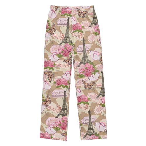 Eiffel Tower Butterfly Rose Boys Long Pants Soft Trousers Elastic Waist Kids Lounge Bottoms with Pockets S-XL