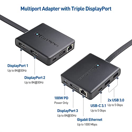 Cable Matters Trojitý monitor USB C Hub (USB C dock) s 3X 4K DisplayPort, USB A a USB C, Gigabit Ethernet a 100W nabíjení - Thunderbolt 3, USB4 a Thunderbolt 4 Port kompatibilní s Windows