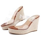 VARECOLA Women Slip On Clear Straps Espadrille Wedge Heel Sandals Slide Peep Toe Mule Platform Sandals