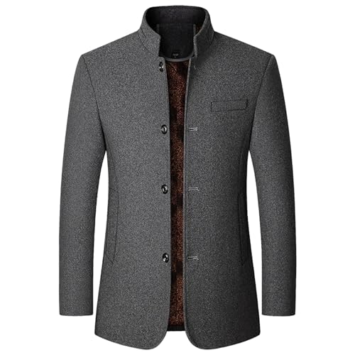 Casual Wool Blend Blazer Jacket for Men Stand Collar Single Breasted Suits Coat Slim Fit Business Pea Coats