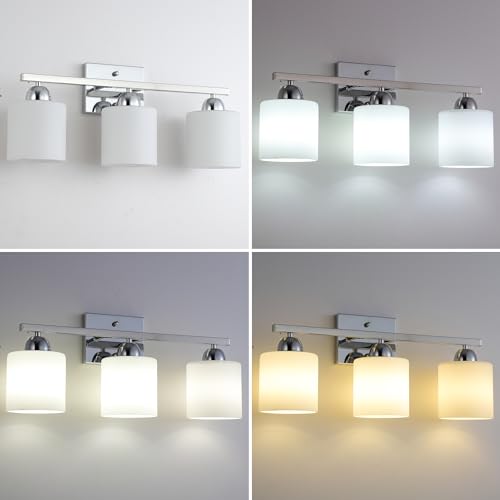 Image of Mecgirn Stainless Steel Milk Glass Vanity Lights for Bathroom, 3 Light Chrome Bathroom Light Fixtures Over Mirror, Ceramic E26 Sockets Wall Mounted