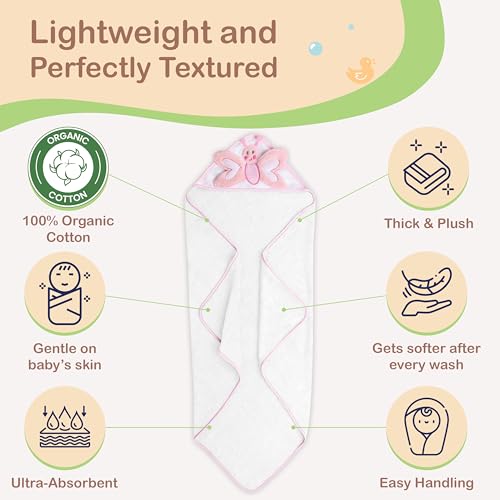 Image of Mother's Choice Baby Towels 100% Organic Cotton Butterfly Hooded Design, Oeko-TEX Certified, Ultra-Soft Absorbent Hooded Bath Towel for Newborn Girls, (Butterfly)