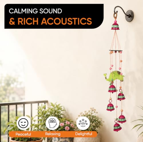 Image of Aakriti Art Creations Elephant Wind Chime with 5 Metal Bells | Handmade Modern Art Wooden & Metal Wind Chime | Outdoor & Indoor Decorative Wind Chimes for Balcony, Garden, Living Room & Gifting