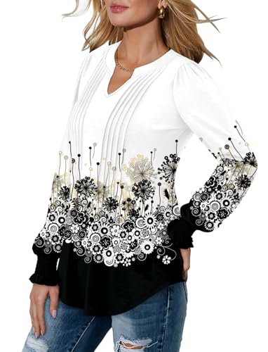 BETTE BOUTIK Long Sleeve Shirts for Women Fall Tops Dressy Blouses Pleated V Neck Tunic Tops for Leggings S-3XL