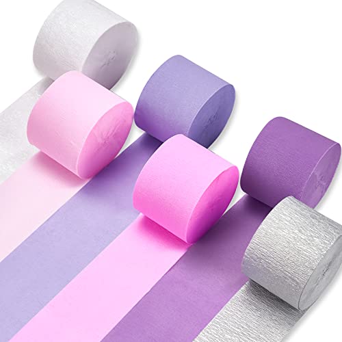 Image of PartyWoo Crepe Paper Streamers 6 Rolls 492ft, Pack of Metallic Silver, Lavender, Purple, Pastel Pink, Pink, White Crepe Paper for Birthday Decorations, Baby Shower Decorations (1.8 Inch x 82 Ft /Roll)