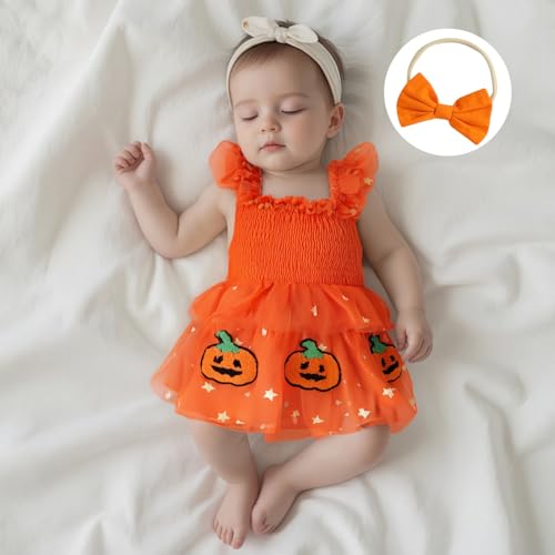 Newborn Baby Girl Halloween Outfit Smocked Pumpkin Embroidery Sequin Star Tulle Tutu Romper Dress Halloween Clothes2