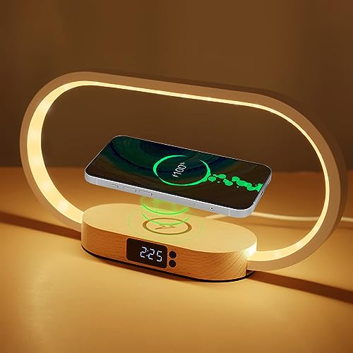 TERRIFI Bedside Lamp with Wireless Charger, LED Desk Lamp with USB Port, Touch Control Table Lamp with Clock, Ideal for Bedroom Nightstand, Dimmable & 3 Colors Temperatures, Modern Home Office Decor