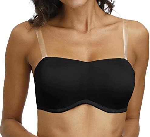 Vgplay Plus Size Strapless Bandeau Bras with Clear Straps Multiway Convertible Minimizer Bra for Women, Black 42E