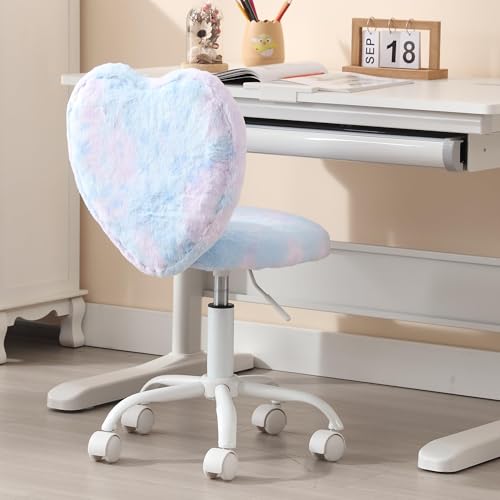 Cute-Fuzzy-Kids-Chair-for-Children-Rolling-Study-Desk-Student-Chair-for-Child-Furry-Computer-Task-Chair-Adjustable-Heart-Shaped-Reading-Desk-Chairs-for-Bedroom-StudyBabay-Blue Cute Fuzzy Kids Chair for Children Rolling Study Desk Student Chair for Child Furry Computer Task Chair Adjustable Heart Shaped Reading Desk Chairs for Bedroom StudyBabay Blue