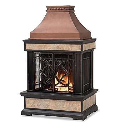 Sunjoy Outdoor Fireplace, Smith Collection Patio Wood Burning Steel Fireplace with Chimney, Spark Screen, Fire Poker, and Removable Grate, Copper with Yellow Tile